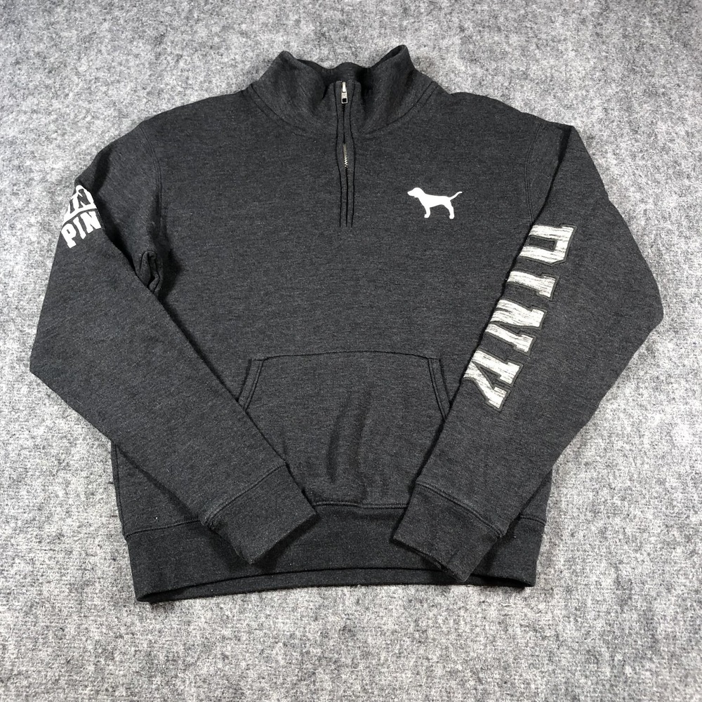 Victoria's Secret PINK Sweatshirt Womens XS Charcoal Gray Quarter Zip Dog Logo